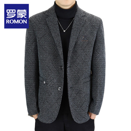 ROMON woolen casual suit men's jacket autumn and winter thickened velvet warm fashion small suit embroidered woolen jacket dark gray XL 120-140Jin Jin equals 0.5 kg