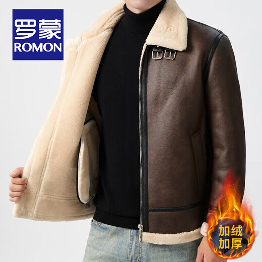 ROMON fur integrated plus velvet leather jacket men's autumn and winter lamb velvet comfortable and warm jacket thickened motorcycle leather jacket for men black fur integrated 3XL /190