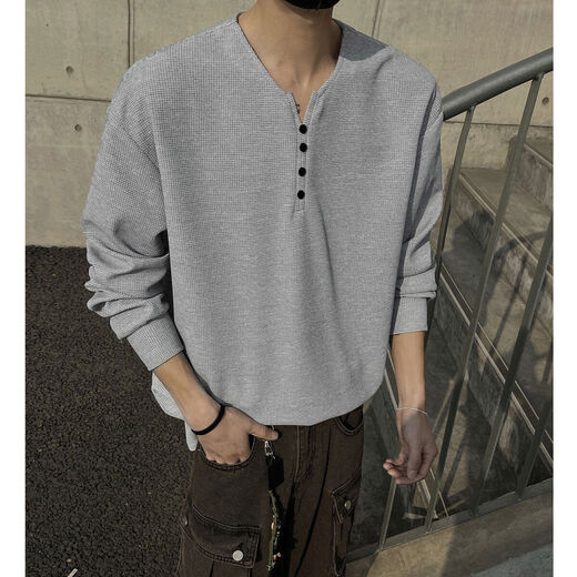 Jingyan selects waffle henley collar T-shirt bottoming shirt for men in spring and autumn trendy brand cleanf long-sleeved white black upgraded model M M95 to 115Jin Jin is equal to 0.5 kg and can be worn