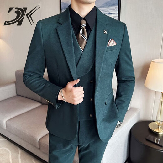 DK brand men's suit suit men's autumn and winter thick suit suit Korean version slim groom wedding formal suit brown suit + trousers plaid style M