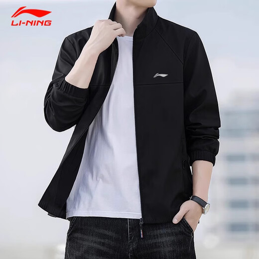 Li Ning (LI-NING) Jacket Men's Spring and Autumn New Running Outdoor Sports Stand Collar Top Men's Loose Casual Autumn Jacket Men's Black Stand Collar Sports Jacket L /175 (125-145 Jin Jin equals 0.5 kg)