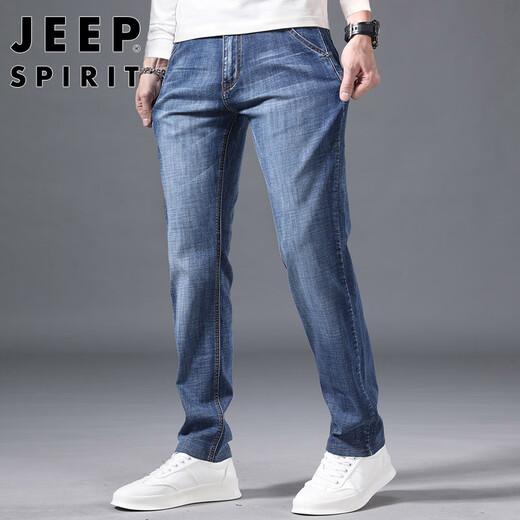 JEEP SPIRIT Jeep jeans men's loose autumn and winter men's straight pants micro-elastic casual pants matte white blue 32