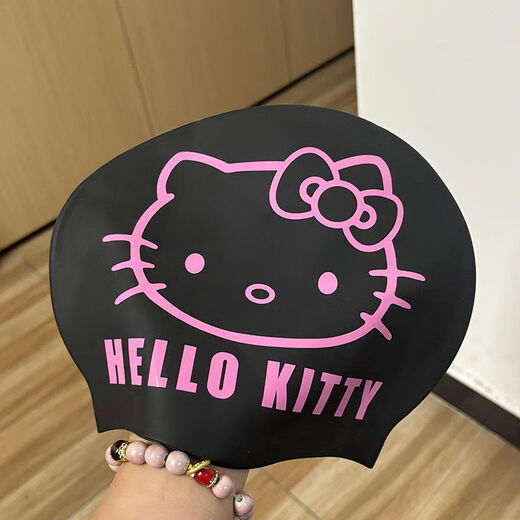 Hello kt swimming cap for women, special waterproof, long hair, big head circumference, high elasticity, cute swimming cap, good appearance, white Kitty cat swimming cap + pink nose clip earplugs, long-wearing, waterproof and anti-chlorine
