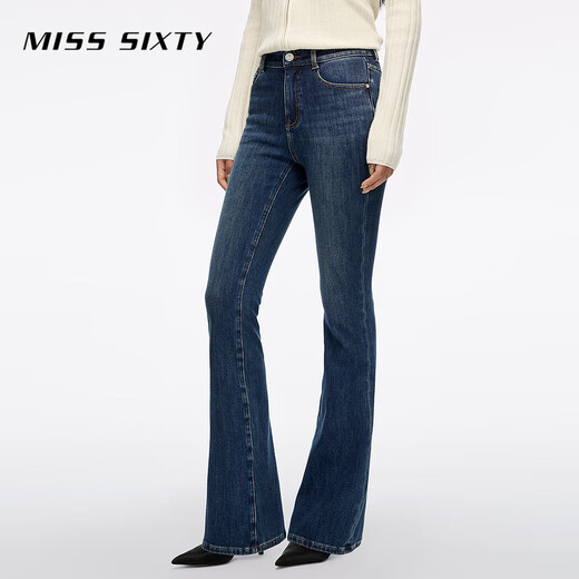 MISS SIXTY2025 new winter jeans for women with cashmere slim stretch thick retro flared trousers medium dark blue short version 25