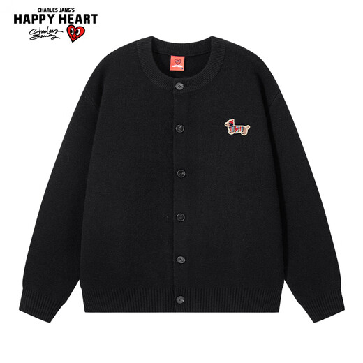Charles Heart Simple Retro Cardigan Button Sweater for Men and Women Autumn and Winter Embroidered Sweater Couple Tops Black M