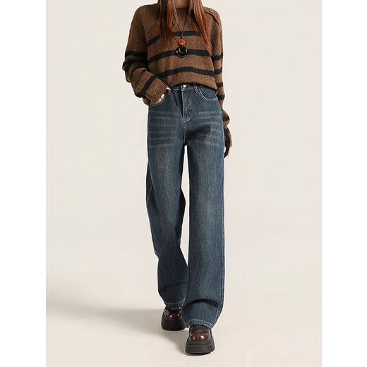 Cotton plus velvet thickened slightly flared wide-leg jeans for women autumn and winter new high-waisted loose straight casual pants for small people 1101 retro blue plus velvet high quality L 105-115Jin Jin is equal to 0.5 kg