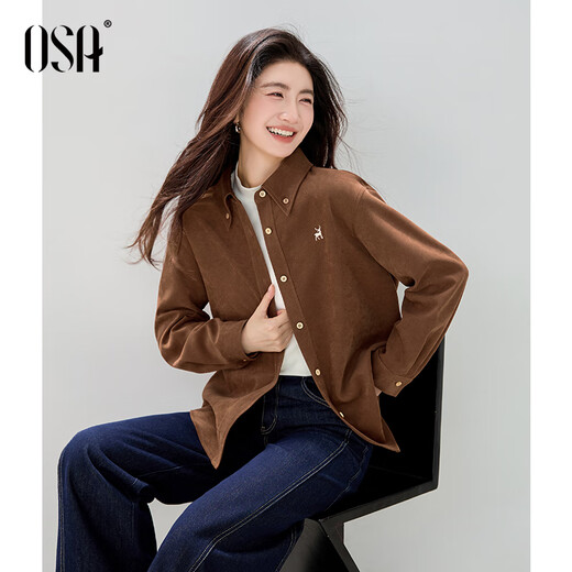 Osha Retro Cluli Style Brushed Shirt 2025 Winter New Women's Lapel Age-Reducing Embroidered Top Caramel Color XL