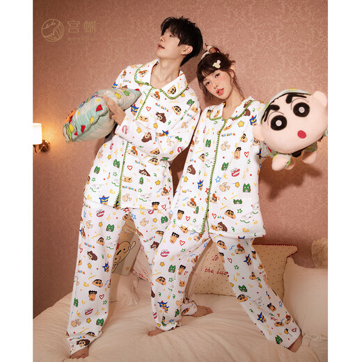 Gongdie Heat Storage Type Crayon Shin-chan Couple Pajamas Women's Autumn and Winter Air Laminated Cotton Men's Home Clothing Set