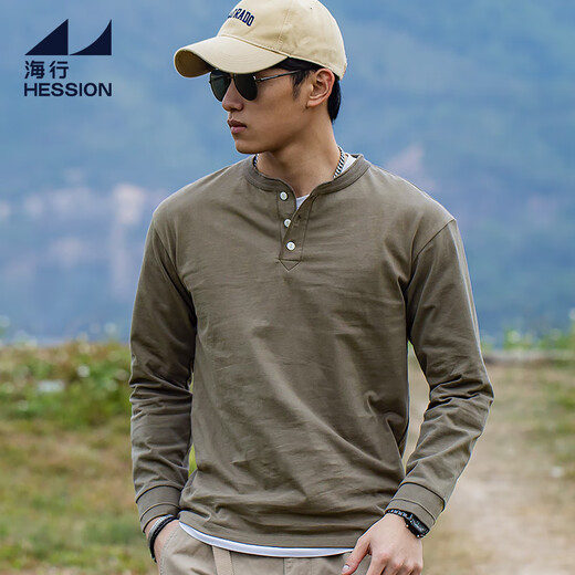 Haixing Outdoor 300g heavyweight men's pure cotton long-sleeved Henley shirt 2025 autumn new casual inner layering shirt T-shirt taupe gray green M