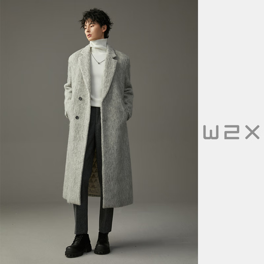 W2X winter heavyweight thick imitation seahorse fur water ripple large long sheep wool coat men's high-end Nizi coat glacier gray M