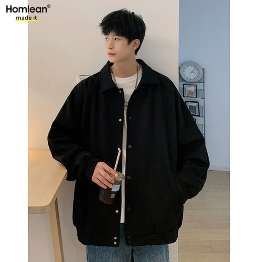 Homlean suede jacket men's coat autumn and winter loose trendy workwear casual versatile top HM21 black XL