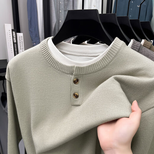 EMZ Ordos fake two-piece set Henry collar sweater for young men spring and autumn long-sleeved simple fashionable casual versatile black S 165