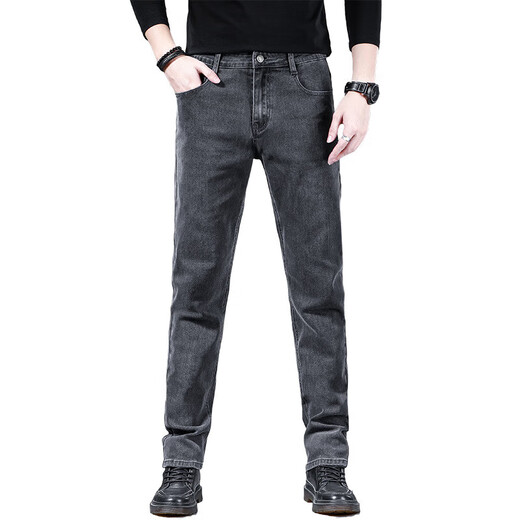 Winter velvet jeans for men, winter thickened, loose, trendy, straight elastic, warm trousers, workwear casual pants 900 gray, autumn and winter, cold protection, velvet 33, recommended 140-150 Jin Jin equals 0.5 kg