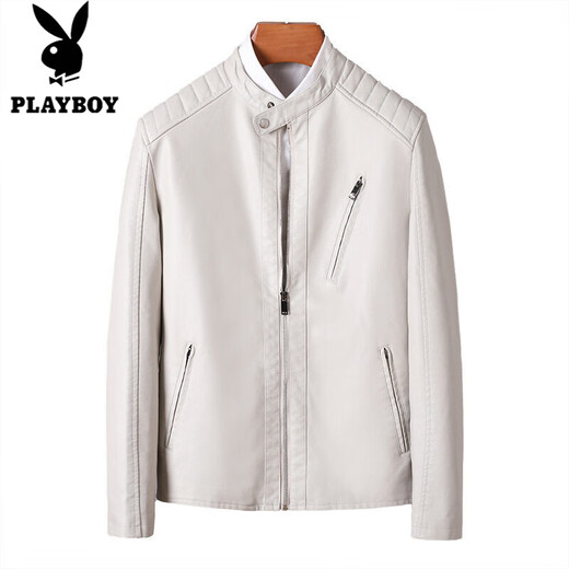 Playboy (PLAYBOY) Leather Men's Jacket 2025 Spring and Autumn New Men's Korean Style Slim Beige Casual Jacket Top Jacket Trendy Beige M