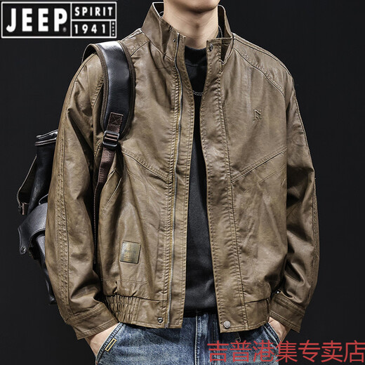 JEEP SPIRIT high-end leather jacket men's autumn and winter 2025 new men's velvet thickening large size trendy brand clothes motorcycle style brown L suitable for 120-140Jin Jin equals 0.5 kg
