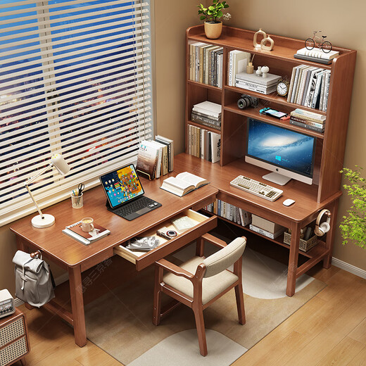 Huixun solid wood corner desk bookshelf integrated student home bookcase combination study table bedroom L-shaped corner computer table walnut color #desk + bookshelf 140cm*60cm*175cm auxiliary seat length 120cm