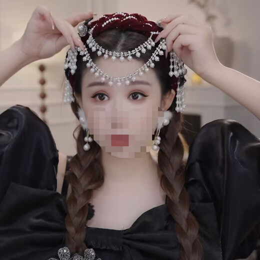 The fog adds beauty to Yilian Youmeng wide-brimmed headband, hand-woven ethnic style hair ornaments, flowers, detachable tassels and beads French headdress, Yilian Youmeng black