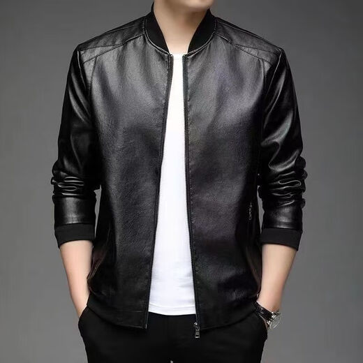 Bisi Yang Haining leather jacket men's spring and autumn jacket middle-aged and elderly winter velvet men's leather jacket loose daddy wear baseball uniform - black spring and autumn singles M - recommended weight 90-120 Jin Jin is equal to 0.5 kg