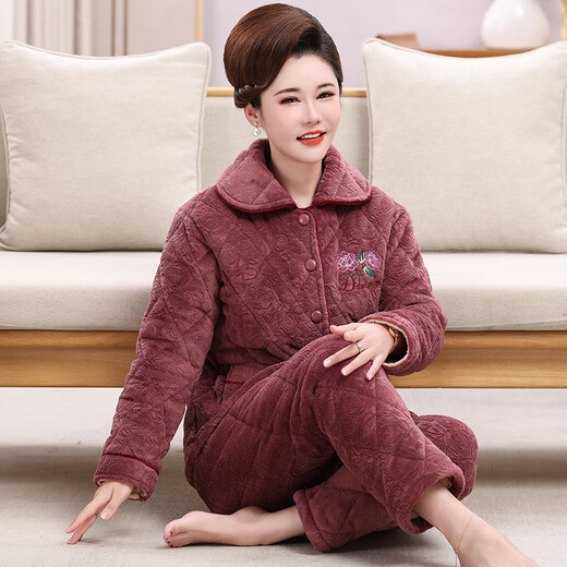 Langsha 2025 new pajamas for middle-aged and elderly women in winter, plus velvet and thickened three-layer quilted home clothes for the elderly, warm suits