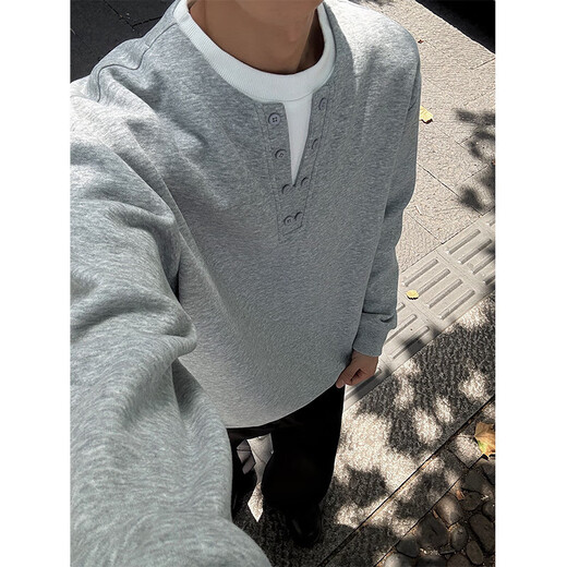 Fake two-piece Henry collar velvet sweatshirt men's autumn and winter cleanfit heavyweight inner layering shirt V-neck long-sleeved t-shirt white flower gray (plus velvet) plus velvet 2XL