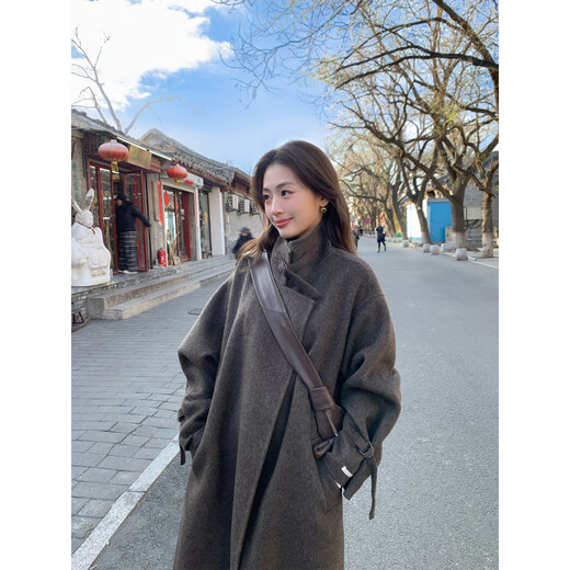 Pusumede Fenglvmange wool double-sided woolen coat for women, loose temperament, mid-length woolen coat, brown (100% wool), ready stock S