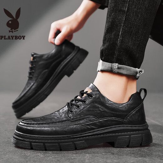 PLAYBOY Leather Shoes Men's 2025 Autumn Formal Business Casual Shoes Round Toe British Martin Boots Men's Work Shoes Black 42