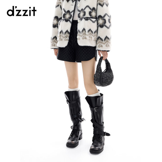 DZZIT shorts 2025 winter new modern diamond pattern thick eco-friendly leather pants for women 3J4Q1051A Black M