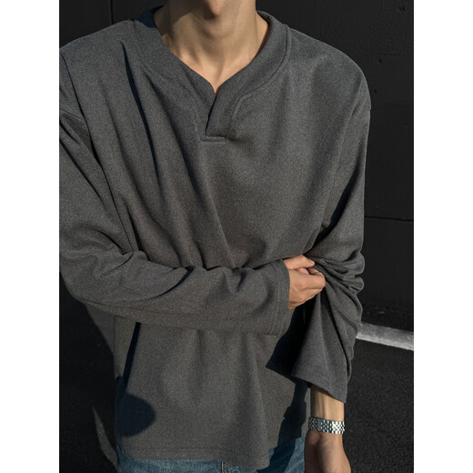 UKUHPK heavyweight German velvet V-neck long-sleeved T-shirt men's autumn and winter cleanfit American fashion brand inner layering shirt sweatshirt Henry black M