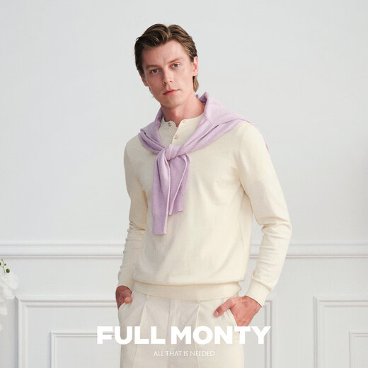 FULL MONTY old money style Henry collar sweater, men's casual black button cashmere blend sweater 25 autumn and winter, milk white 70132 S