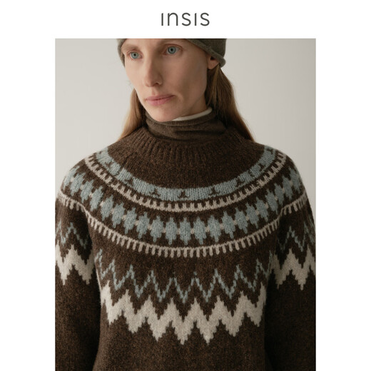 INSISFEMME Australian Merino sheep wool Nordic style literary retro Fair Isle round neck pullover knitted top Madrid Brown S