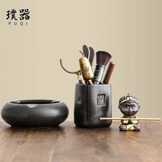 Puqi Black Pottery Sifang Laifu Tea Ceremony Six Gentlemen Round Ashtray Wukong Tea Pet Three-piece Set Tea Clamp Tea Spoon Pot Keeping Pen