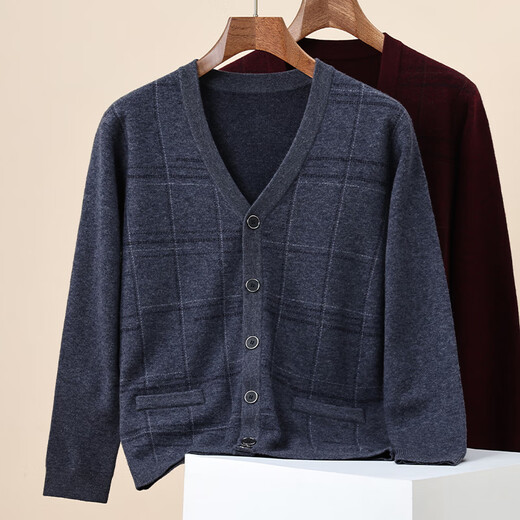 Hengyuanxiang Cárdigan 100% de lana pura para hombre con cuello en V suéter de lana de punto cálido y grueso negro gris L 175/92A