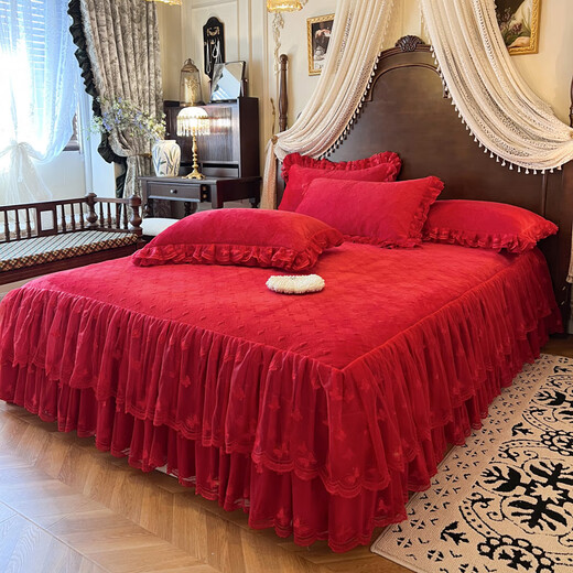 Yalu 2025 new French princess lace baby velvet thickened bed skirt four-piece set winter quilted non-slip bedspread quilt cover Xiangshe Liying-Sakura Pink Bedskirt 1.8*2.2 four-piece set-quilt cover 200*230