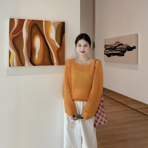Su Yuwei pumpkin orange high-end lazy style v-neck sweater for women in autumn and winter sweet and soft glutinous inner sweater to cover the butt top orange Follow the store - free shipping insurance S (80-95Jin Jin is equal to 0.5 kg)