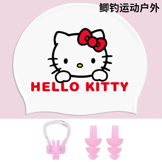 Women's special waterproof swimming cap for long hair, large head circumference, high elasticity, cute swimming cap, high appearance, white Kitty cat swimming cap + pink nose clip earplugs, long-wearing, waterproof
