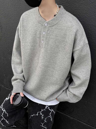 Muwei American Henry Collar Sweater Men's Autumn Premium Lazy Style Bottoming Sweater Cleanfit Inner Top Light Gray XL Recommended 130-150 Jin Jin equals 0.5 kg