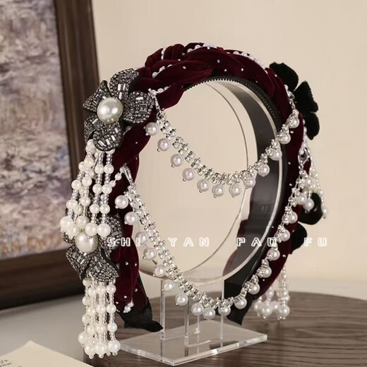 The fog adds beauty to Yilian Youmeng wide-brimmed headband, hand-woven ethnic style hair ornaments, flowers, detachable tassels and beads French headdress, Yilian Youmeng black