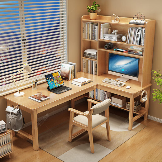 Huixun solid wood corner desk bookshelf integrated student home bookcase combination study table bedroom L-shaped corner computer table walnut color #desk + bookshelf 140cm*60cm*175cm auxiliary seat length 120cm