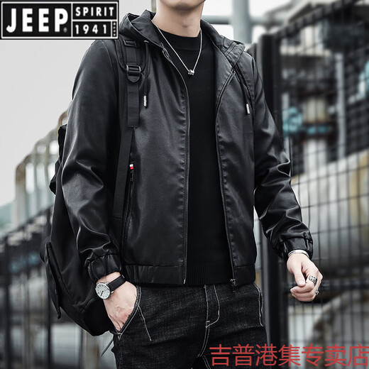 JEEP SPIRIT handsome leather jacket men's hooded slim fit trendy American retro 2025 new leather jacket autumn and winter motorcycle suit 2207 black 2XL