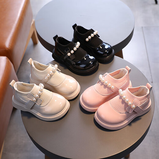 G.duck Little Yellow Duck Girls' Small Leather Shoes Spring New Children's Soft Sole Anti-Slip Princess Shoes Baby Beaded Fly-knit Small Single Shoes Black 21 (Inner Length 13.5cm)