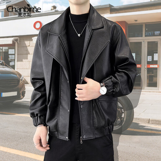 Xia Bingni Light Luxury Motorcycle Leather Jacket Men's Fake Two-piece Jacket Men's Autumn and Winter High-end Handsome Jacket Men's Plus Velvet Warmth Black (BB05 Spring and Autumn Style) XL