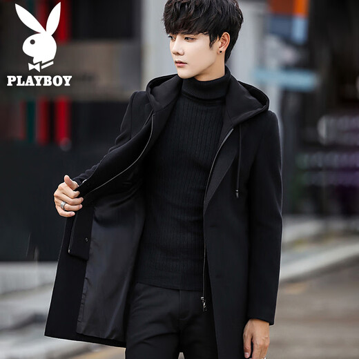 Playboy (PLAYBOY) windbreaker jacket men's winter mid-length new casual Korean style plus velvet warm coat men's versatile hooded woolen coat black black hat L