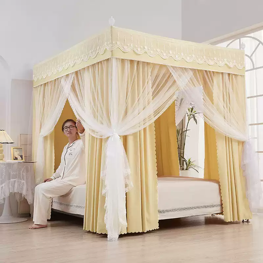 Fantasy blackout bed curtain for home bedroom three-door floor-standing mosquito net, palace princess style blackout bed curtain, windproof, warm and mosquito-proof, Qingwulan single dustproof top - no bracket, width 1.5*length 2.0*height 2.0