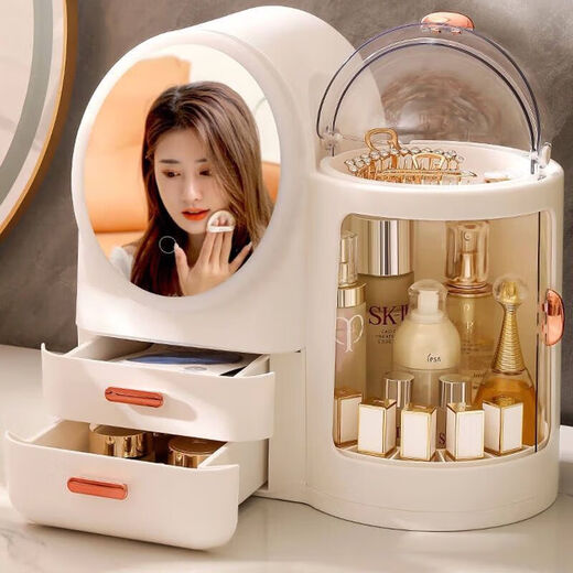 Desktop LED cosmetics integrated storage box, dressing table mirror, large capacity skin care product storage rack, pearl white LED three-color mirror + 360 rotation