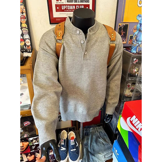 Gray American Henry collar knitted sweater for men in winter, lazy style cleanfit inner base sweater jacket, light gray M M95-115Jin Jin is equal to 0.5 kg