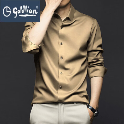 GOLDLION G+ men's long-sleeved no-iron business mulberry silk shirt 2025 silk high-end drape plus size shirt west gold S 38 (recommended 80-120 Jin Jin equals 0.5 kg)
