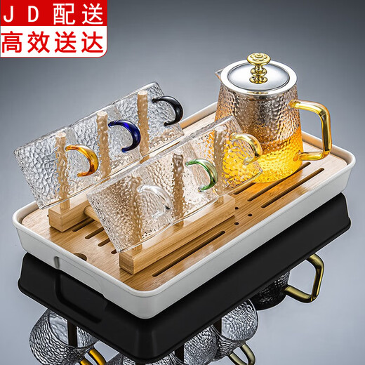 Zhengyang glass tea set set for home small set of Kung Fu tea cups simple transparent black tea tea set office living room tea elegant pot (dragon cup/six colors) cup holder + rectangular (striped) white