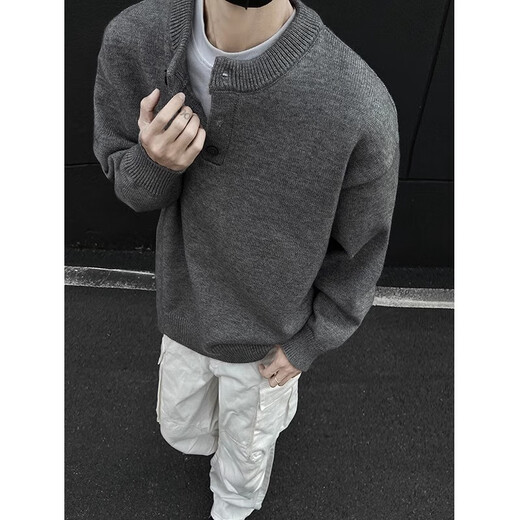 Muwei American Henry Collar Sweater Men's Autumn Premium Lazy Style Bottoming Sweater Cleanfit Inner Top Light Gray XL Recommended 130-150 Jin Jin equals 0.5 kg