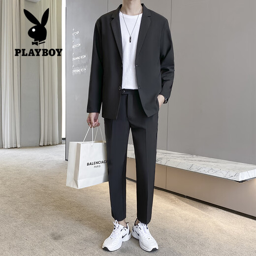 Playboy (PLAYBOY) light mature long-sleeved casual suit men's suit spring and autumn new Korean handsome suit men's suit two-piece black suit jacket + black trousers two-piece set M recommended 105-115 Jin Jin equals 0.5 kg