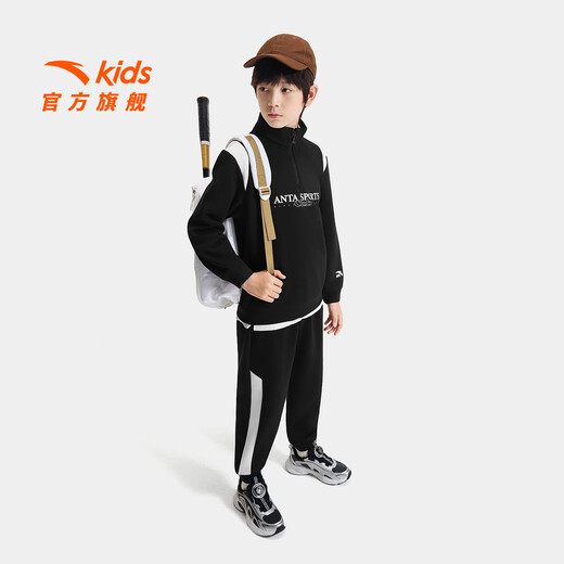 ANTA Children's Suit for Boys and Girls 2025 Autumn School Sports Children's Clothing Outdoor Running Training Knitted Sports Clothes Plus Velvet Style Black Letter Sweatshirt + Black Trousers Skin Warm Velvet 150 cm
